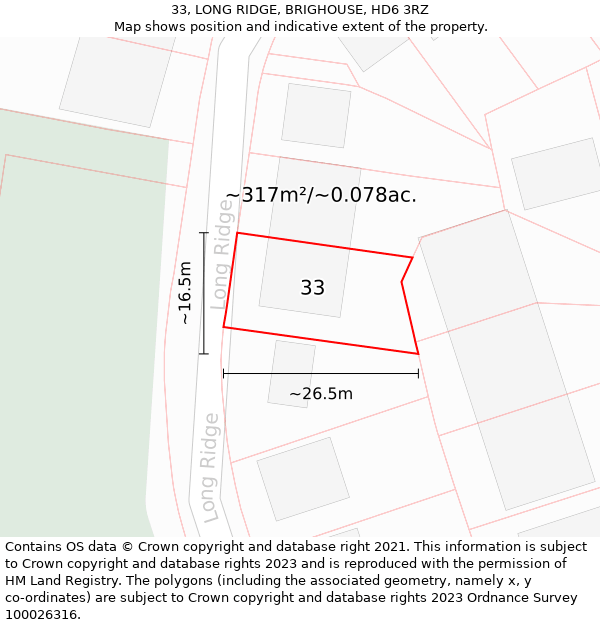 33, LONG RIDGE, BRIGHOUSE, HD6 3RZ: Plot and title map