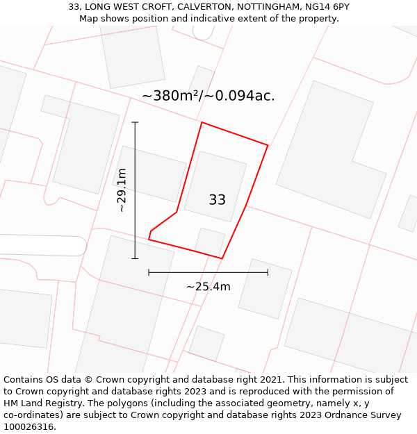 33, LONG WEST CROFT, CALVERTON, NOTTINGHAM, NG14 6PY: Plot and title map