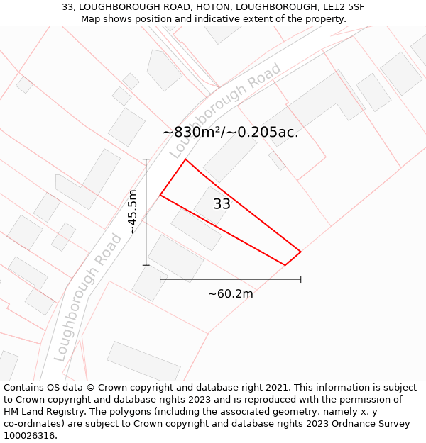 33, LOUGHBOROUGH ROAD, HOTON, LOUGHBOROUGH, LE12 5SF: Plot and title map