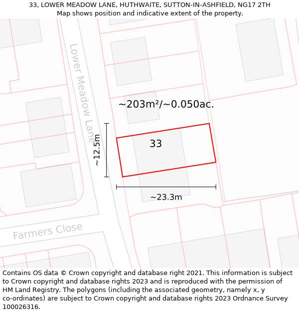 33, LOWER MEADOW LANE, HUTHWAITE, SUTTON-IN-ASHFIELD, NG17 2TH: Plot and title map