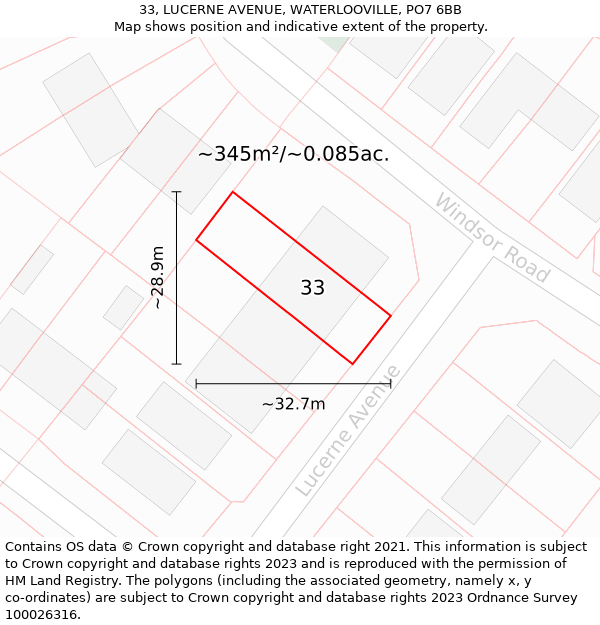 33, LUCERNE AVENUE, WATERLOOVILLE, PO7 6BB: Plot and title map