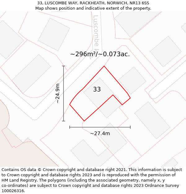 33, LUSCOMBE WAY, RACKHEATH, NORWICH, NR13 6SS: Plot and title map