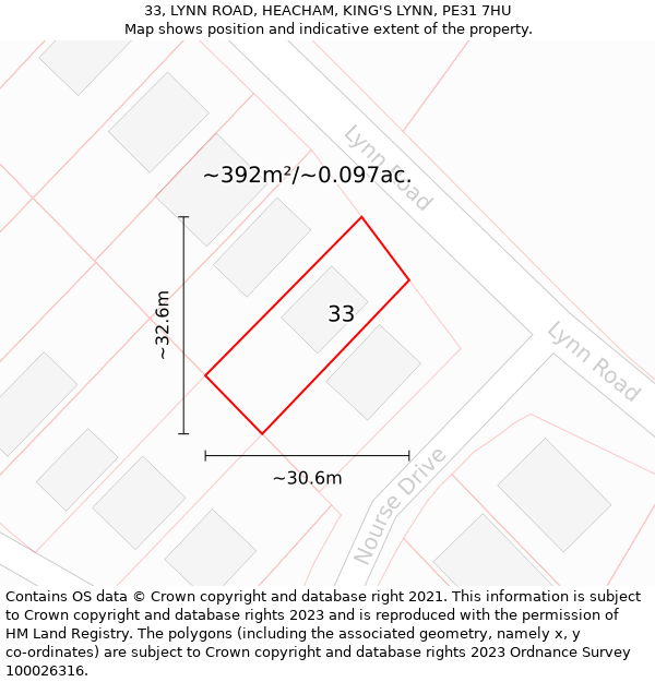 33, LYNN ROAD, HEACHAM, KING'S LYNN, PE31 7HU: Plot and title map