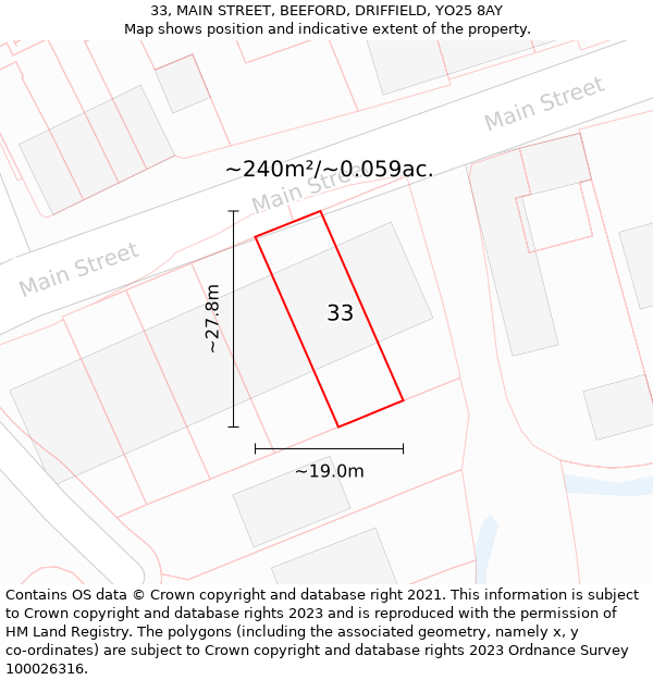 33, MAIN STREET, BEEFORD, DRIFFIELD, YO25 8AY: Plot and title map