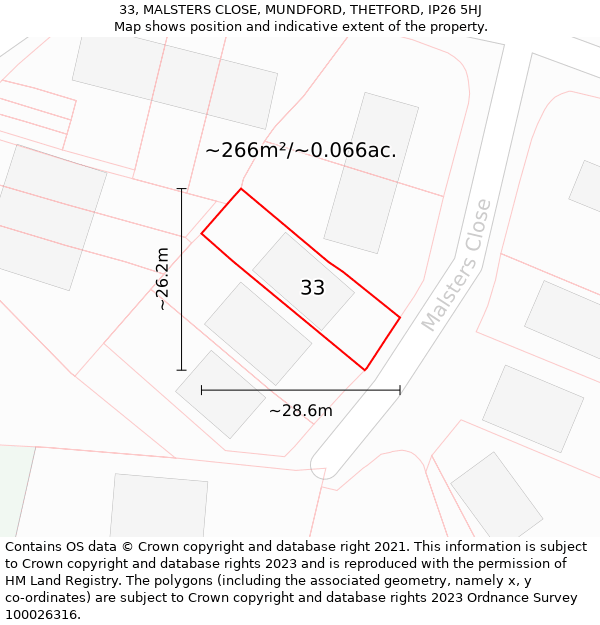 33, MALSTERS CLOSE, MUNDFORD, THETFORD, IP26 5HJ: Plot and title map