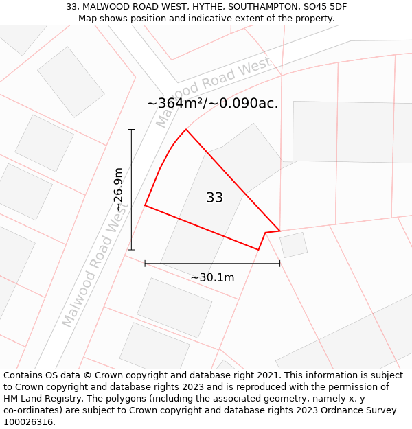 33, MALWOOD ROAD WEST, HYTHE, SOUTHAMPTON, SO45 5DF: Plot and title map