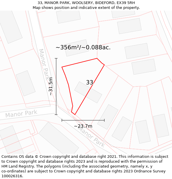 33, MANOR PARK, WOOLSERY, BIDEFORD, EX39 5RH: Plot and title map