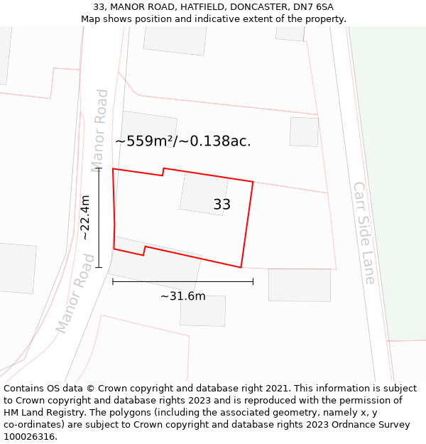 33, MANOR ROAD, HATFIELD, DONCASTER, DN7 6SA: Plot and title map