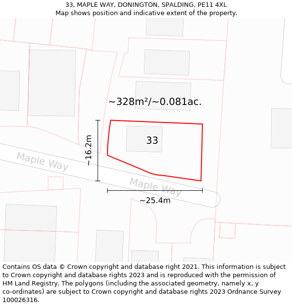 33, MAPLE WAY, DONINGTON, SPALDING, PE11 4XL: Plot and title map