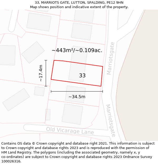 33, MARRIOTS GATE, LUTTON, SPALDING, PE12 9HN: Plot and title map