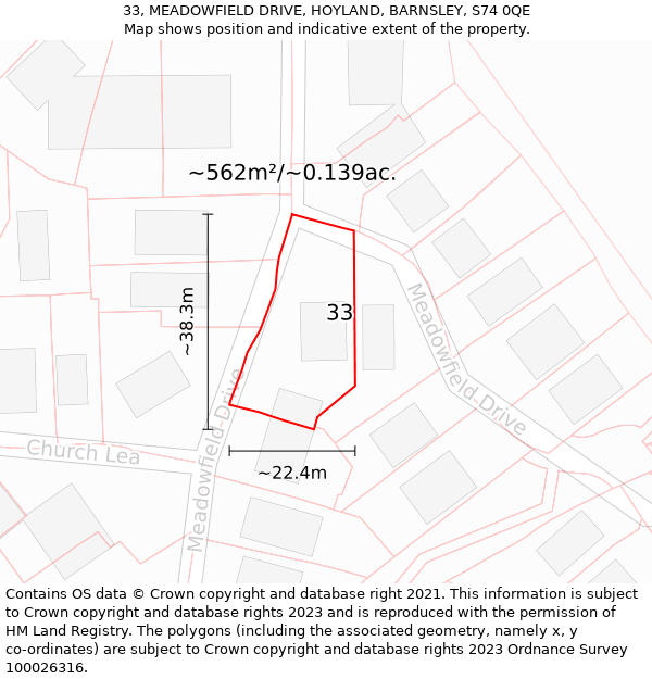 33, MEADOWFIELD DRIVE, HOYLAND, BARNSLEY, S74 0QE: Plot and title map