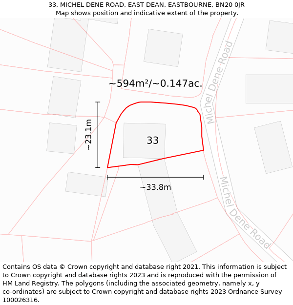 33, MICHEL DENE ROAD, EAST DEAN, EASTBOURNE, BN20 0JR: Plot and title map