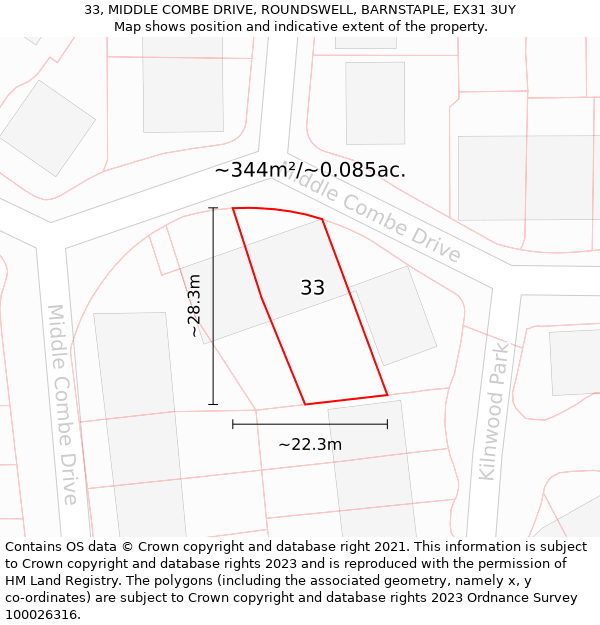 33, MIDDLE COMBE DRIVE, ROUNDSWELL, BARNSTAPLE, EX31 3UY: Plot and title map