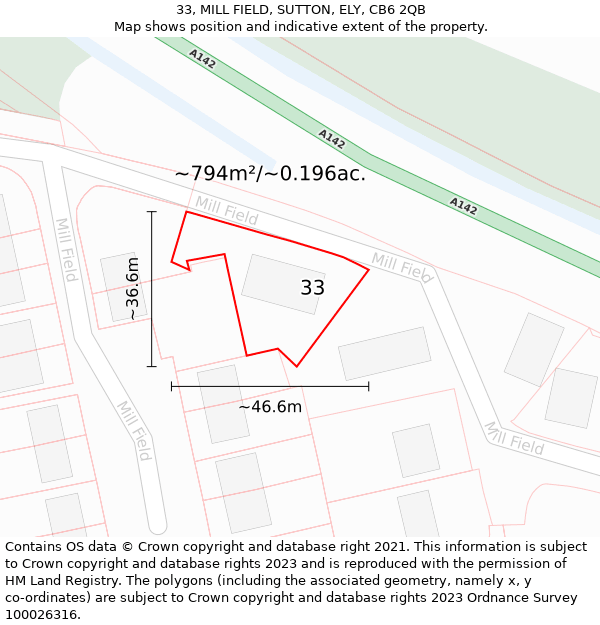 33, MILL FIELD, SUTTON, ELY, CB6 2QB: Plot and title map