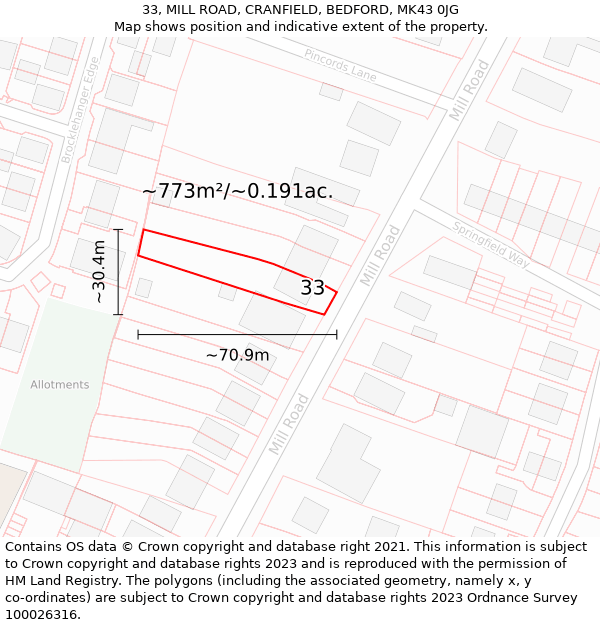 33, MILL ROAD, CRANFIELD, BEDFORD, MK43 0JG: Plot and title map