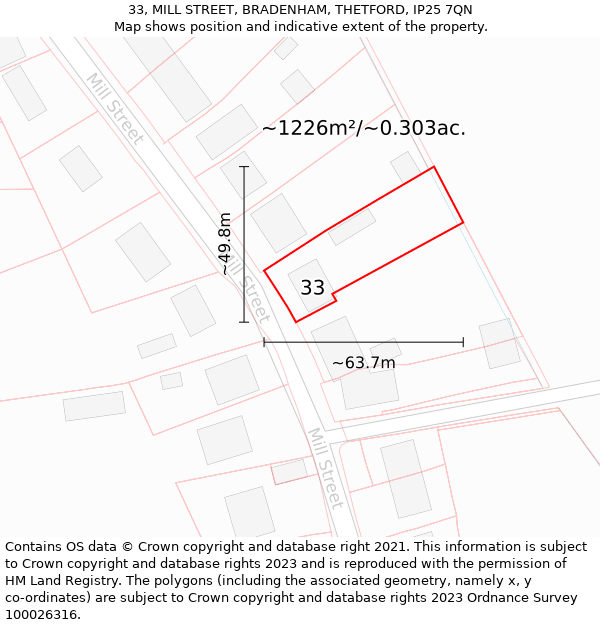33, MILL STREET, BRADENHAM, THETFORD, IP25 7QN: Plot and title map