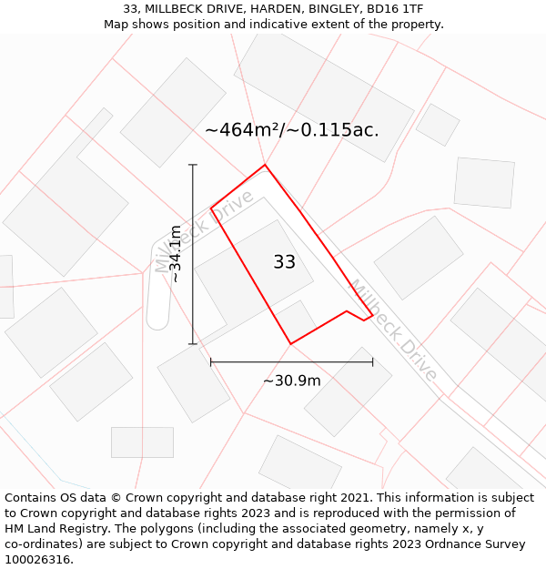 33, MILLBECK DRIVE, HARDEN, BINGLEY, BD16 1TF: Plot and title map