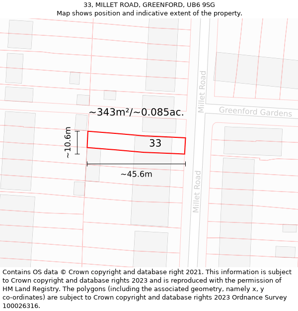 33, MILLET ROAD, GREENFORD, UB6 9SG: Plot and title map