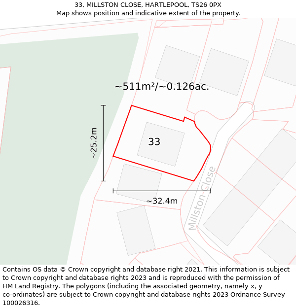 33, MILLSTON CLOSE, HARTLEPOOL, TS26 0PX: Plot and title map