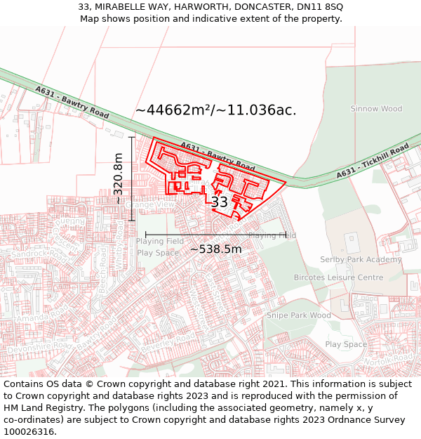 33, MIRABELLE WAY, HARWORTH, DONCASTER, DN11 8SQ: Plot and title map