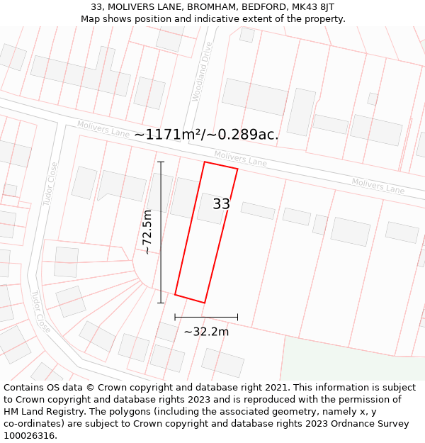 33, MOLIVERS LANE, BROMHAM, BEDFORD, MK43 8JT: Plot and title map