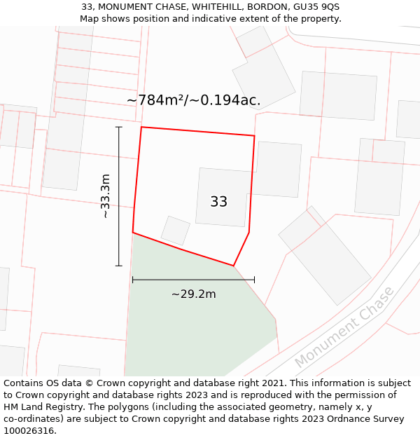 33, MONUMENT CHASE, WHITEHILL, BORDON, GU35 9QS: Plot and title map
