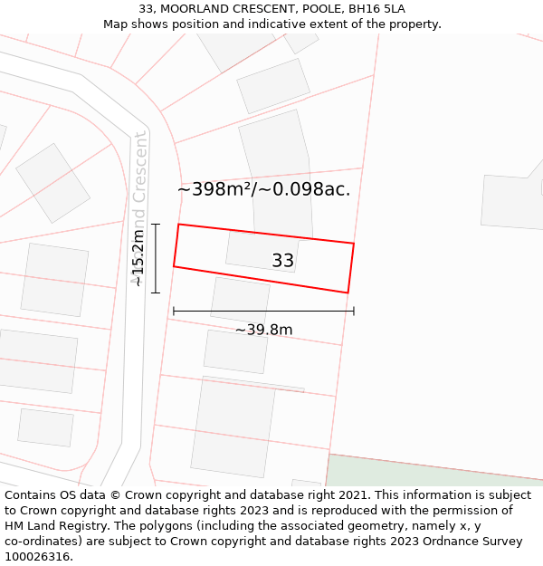 33, MOORLAND CRESCENT, POOLE, BH16 5LA: Plot and title map