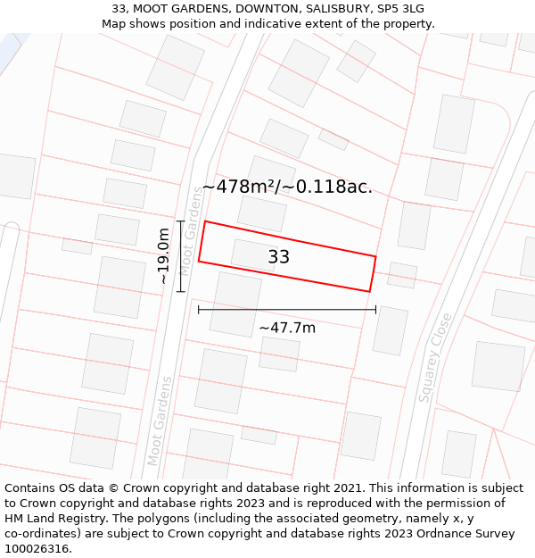 33, MOOT GARDENS, DOWNTON, SALISBURY, SP5 3LG: Plot and title map