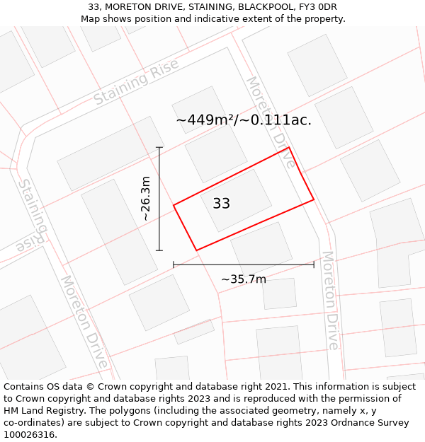 33, MORETON DRIVE, STAINING, BLACKPOOL, FY3 0DR: Plot and title map