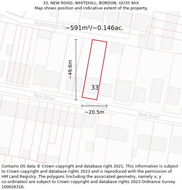 33, NEW ROAD, WHITEHILL, BORDON, GU35 9AX: Plot and title map