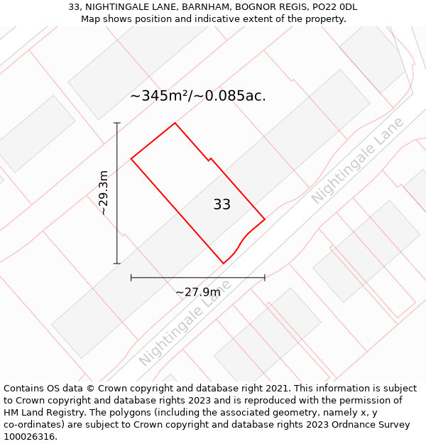 33, NIGHTINGALE LANE, BARNHAM, BOGNOR REGIS, PO22 0DL: Plot and title map