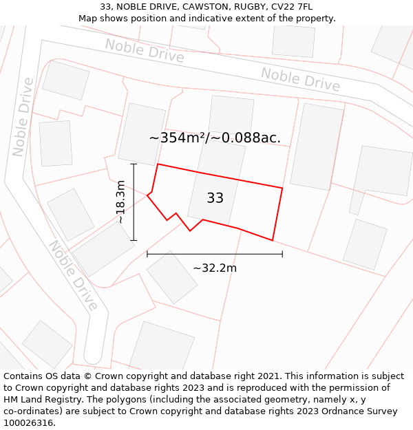 33, NOBLE DRIVE, CAWSTON, RUGBY, CV22 7FL: Plot and title map