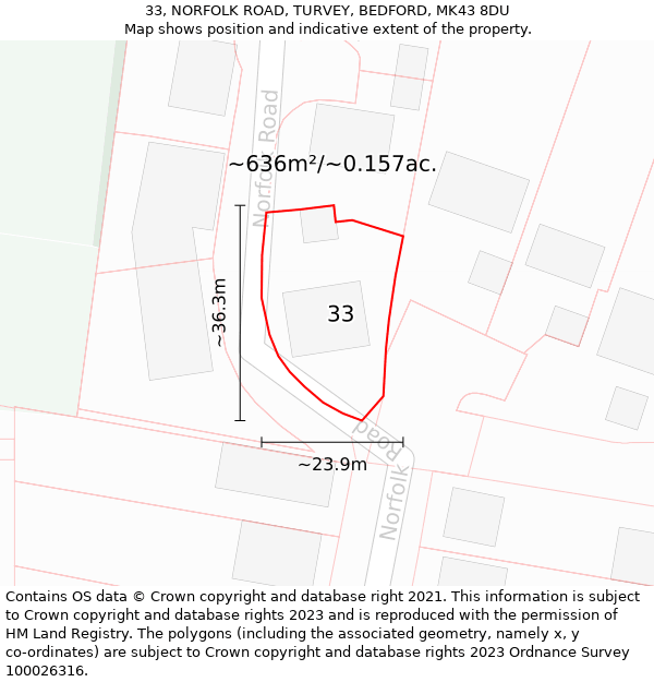 33, NORFOLK ROAD, TURVEY, BEDFORD, MK43 8DU: Plot and title map