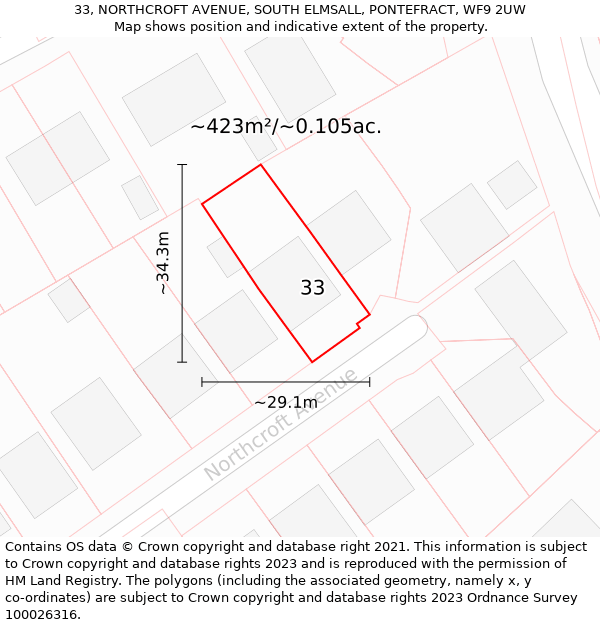 33, NORTHCROFT AVENUE, SOUTH ELMSALL, PONTEFRACT, WF9 2UW: Plot and title map