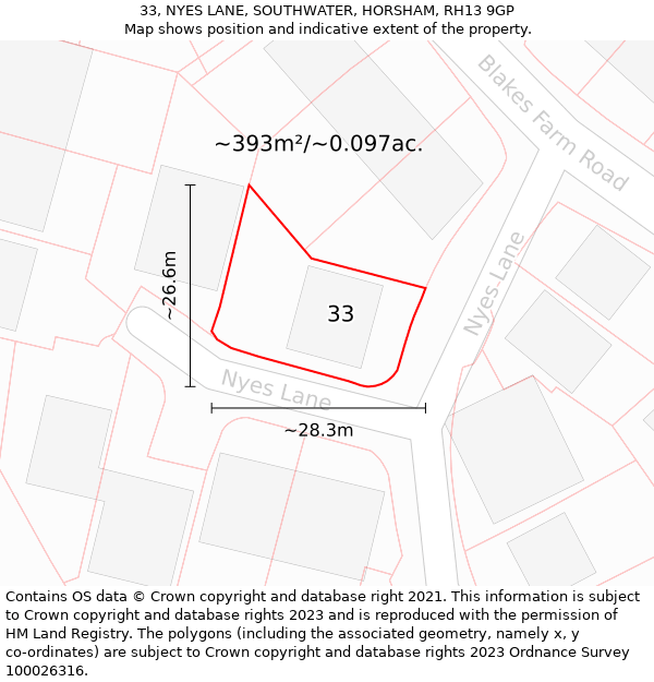 33, NYES LANE, SOUTHWATER, HORSHAM, RH13 9GP: Plot and title map