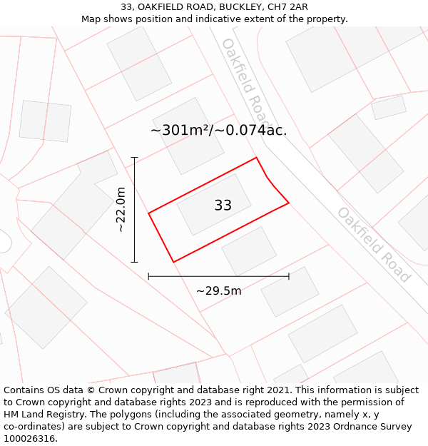 33, OAKFIELD ROAD, BUCKLEY, CH7 2AR: Plot and title map