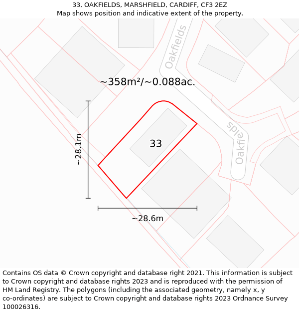 33, OAKFIELDS, MARSHFIELD, CARDIFF, CF3 2EZ: Plot and title map