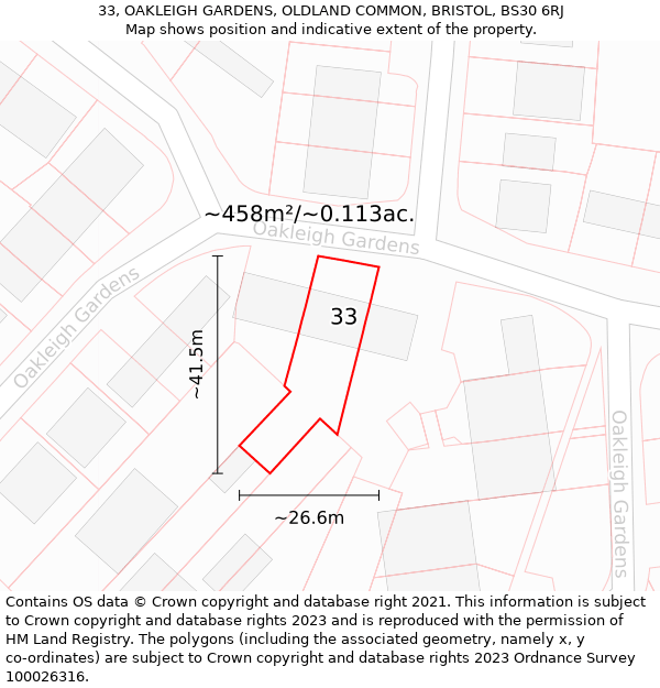 33, OAKLEIGH GARDENS, OLDLAND COMMON, BRISTOL, BS30 6RJ: Plot and title map