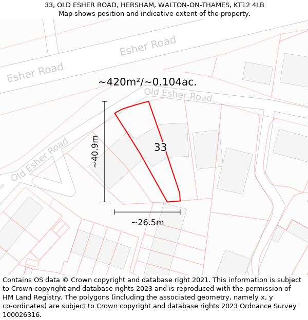 33, OLD ESHER ROAD, HERSHAM, WALTON-ON-THAMES, KT12 4LB: Plot and title map