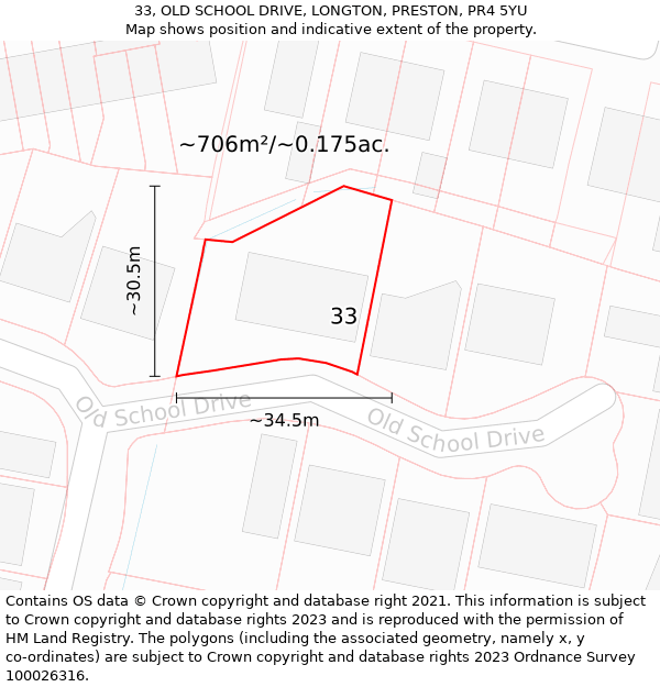 33, OLD SCHOOL DRIVE, LONGTON, PRESTON, PR4 5YU: Plot and title map