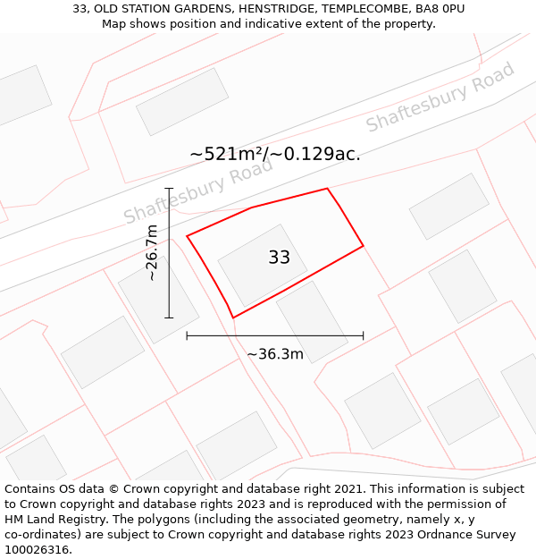 33, OLD STATION GARDENS, HENSTRIDGE, TEMPLECOMBE, BA8 0PU: Plot and title map