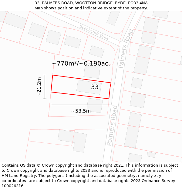 33, PALMERS ROAD, WOOTTON BRIDGE, RYDE, PO33 4NA: Plot and title map
