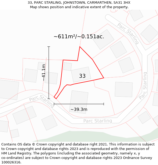 33, PARC STARLING, JOHNSTOWN, CARMARTHEN, SA31 3HX: Plot and title map