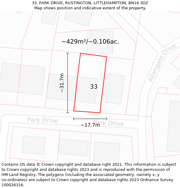 33, PARK DRIVE, RUSTINGTON, LITTLEHAMPTON, BN16 3DZ: Plot and title map