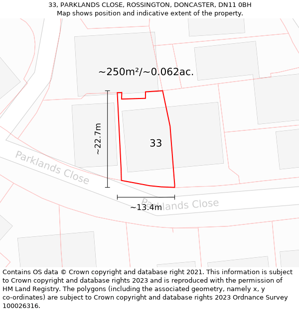 33, PARKLANDS CLOSE, ROSSINGTON, DONCASTER, DN11 0BH: Plot and title map