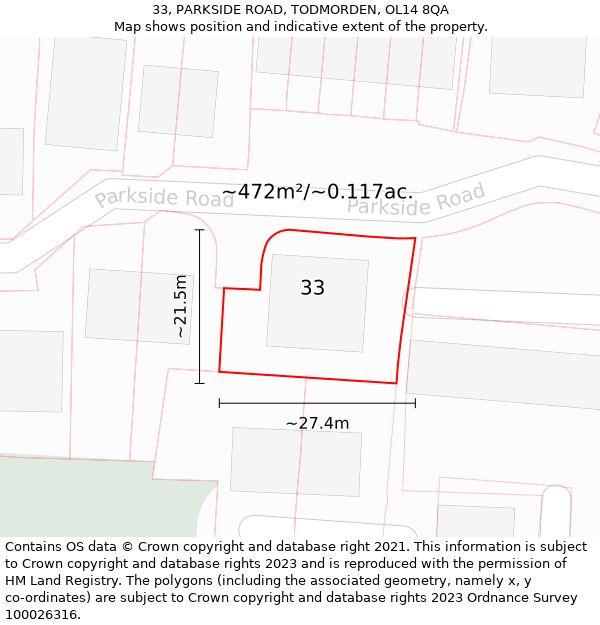 33, PARKSIDE ROAD, TODMORDEN, OL14 8QA: Plot and title map