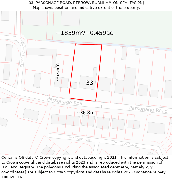 33, PARSONAGE ROAD, BERROW, BURNHAM-ON-SEA, TA8 2NJ: Plot and title map