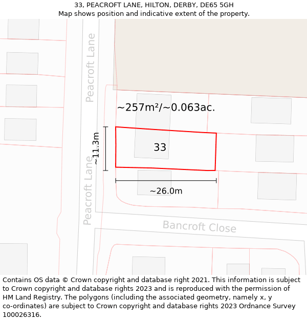 33, PEACROFT LANE, HILTON, DERBY, DE65 5GH: Plot and title map