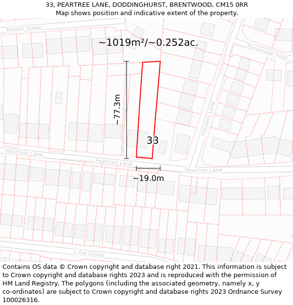 33, PEARTREE LANE, DODDINGHURST, BRENTWOOD, CM15 0RR: Plot and title map