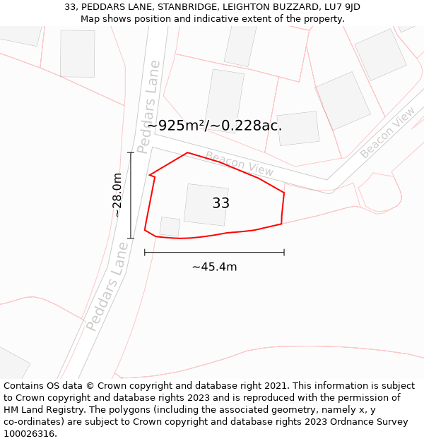 33, PEDDARS LANE, STANBRIDGE, LEIGHTON BUZZARD, LU7 9JD: Plot and title map